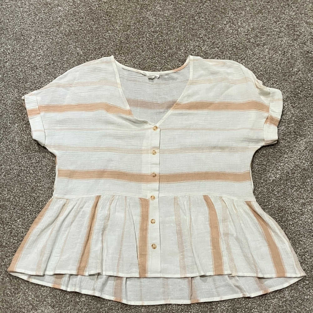 Blu Pepper Cream and Tan Striped Peplum Blouse